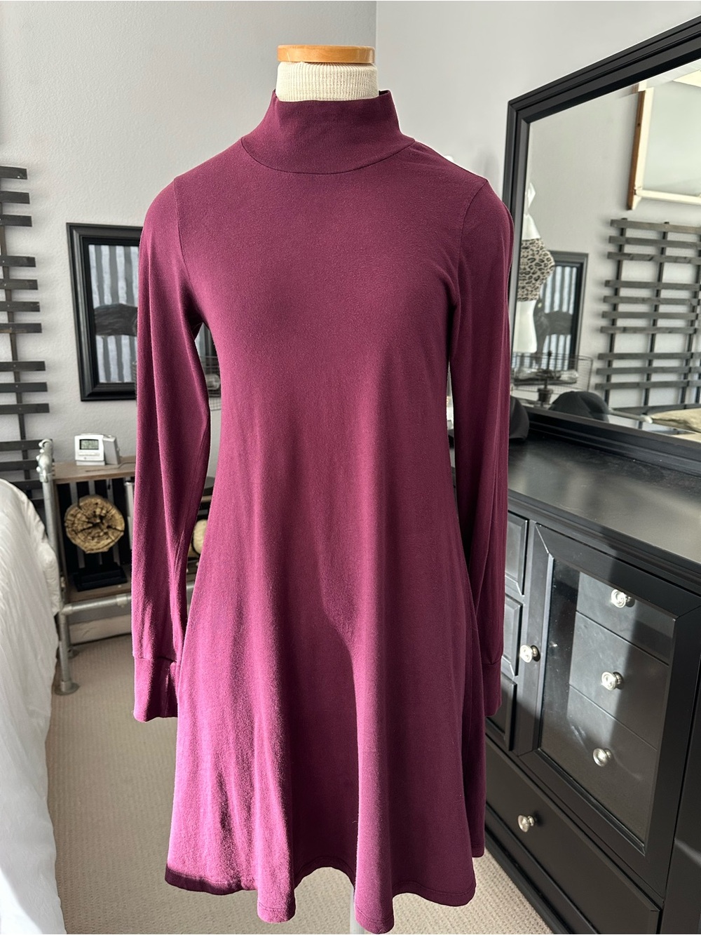 Velvet mock turtleneck swing tee shirt dress in plum, size medium
